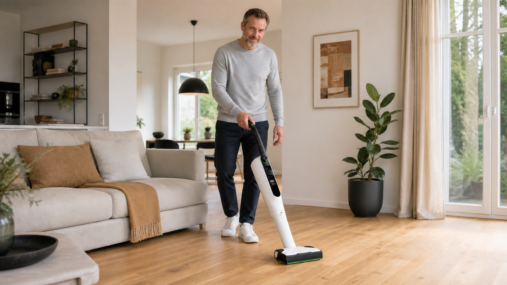 Mann saugt einen Holzboden mit dem Vorwerk Kobold VK7 Akku-Staubsauger und der EB7 Elektrobürste